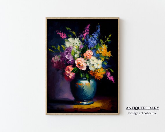 Moody Floral Art Timeless Vintage Baroque Moody Flowers In Tile Vase Still Life Oil Painting Housewarming Gift For First Home
