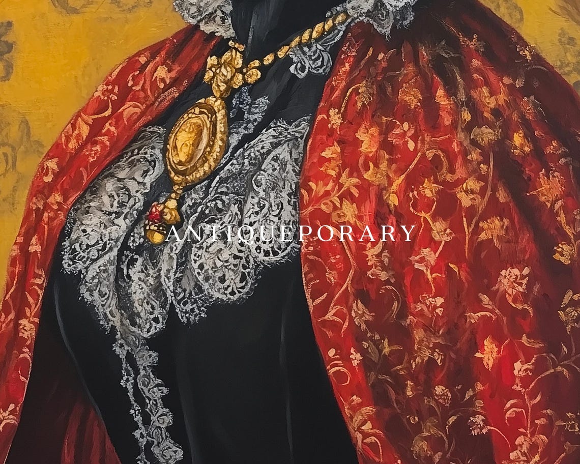 Royal Black Cat Portrait Golden Eyes Red Brocade Shawl Poster - Image 2