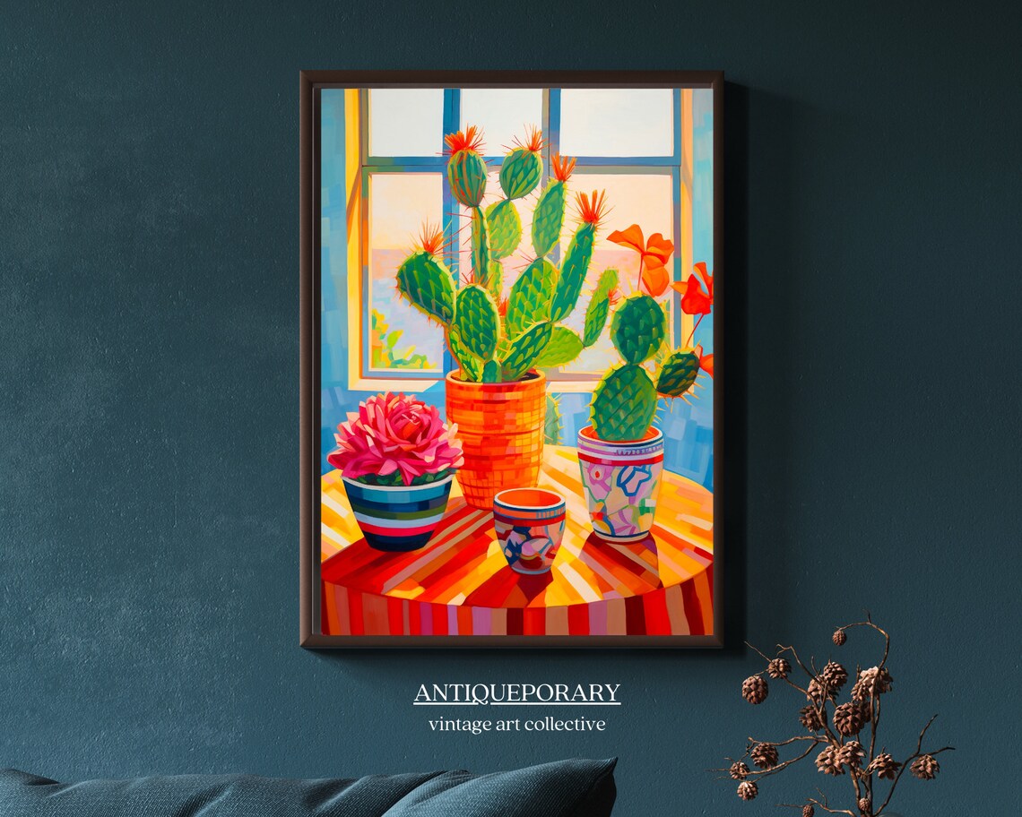 Colorful Potted Cacti by Sunlit Window Still Life Painting Poster - Image 6