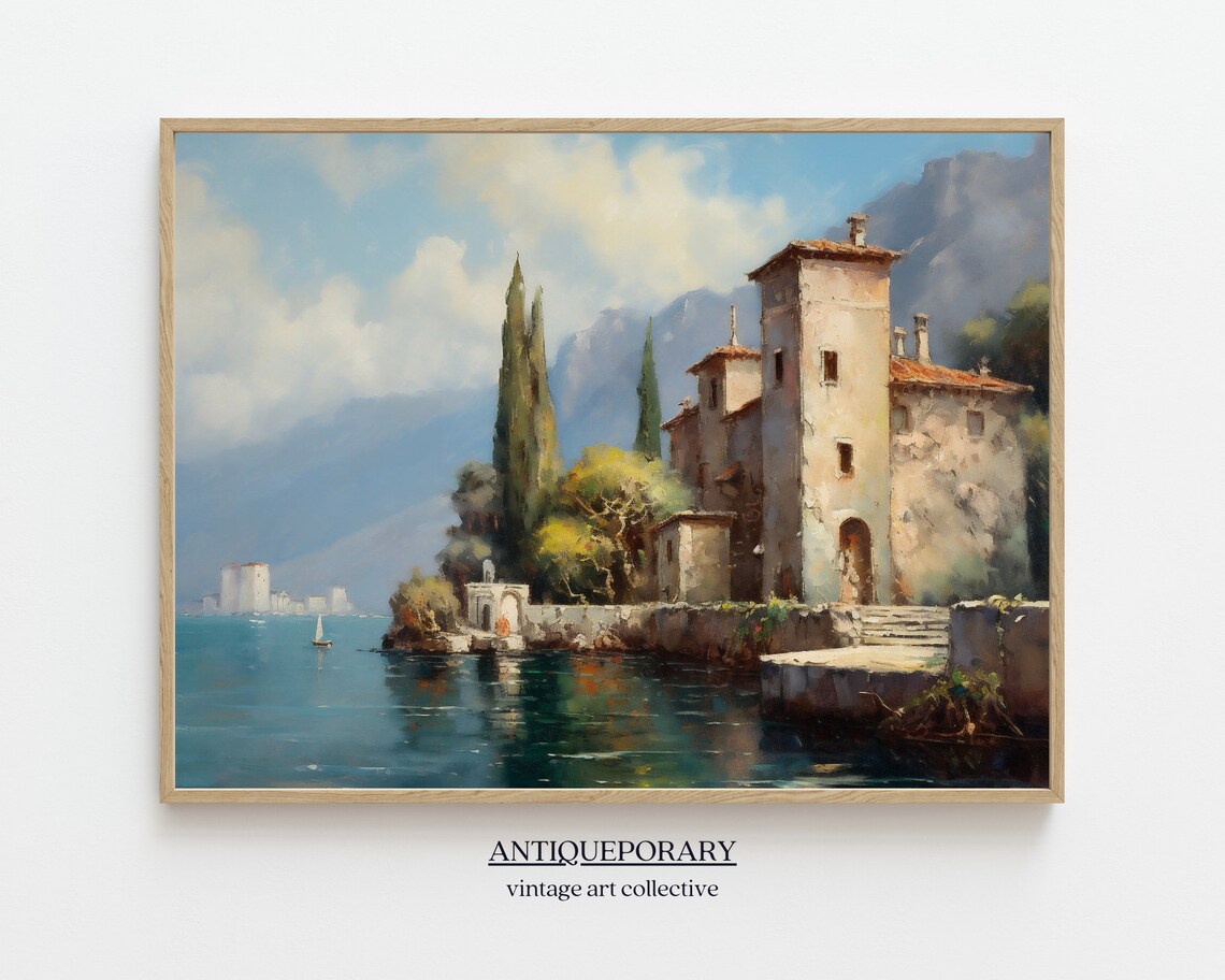 Italian Lake Village Stone Villa Cypress Trees Vintage Painting Poster
