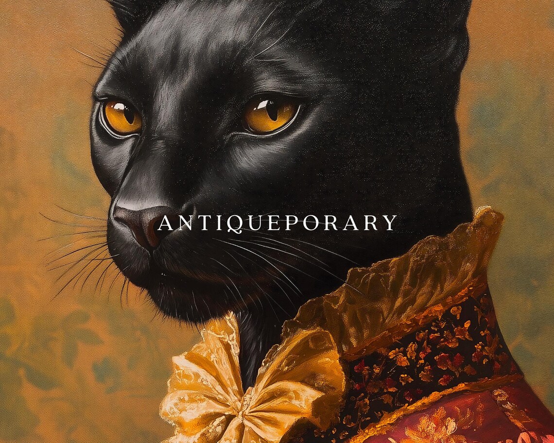 Black Cat Royal Lady Red Floral Gown Portrait Vintage Art Poster - Image 3
