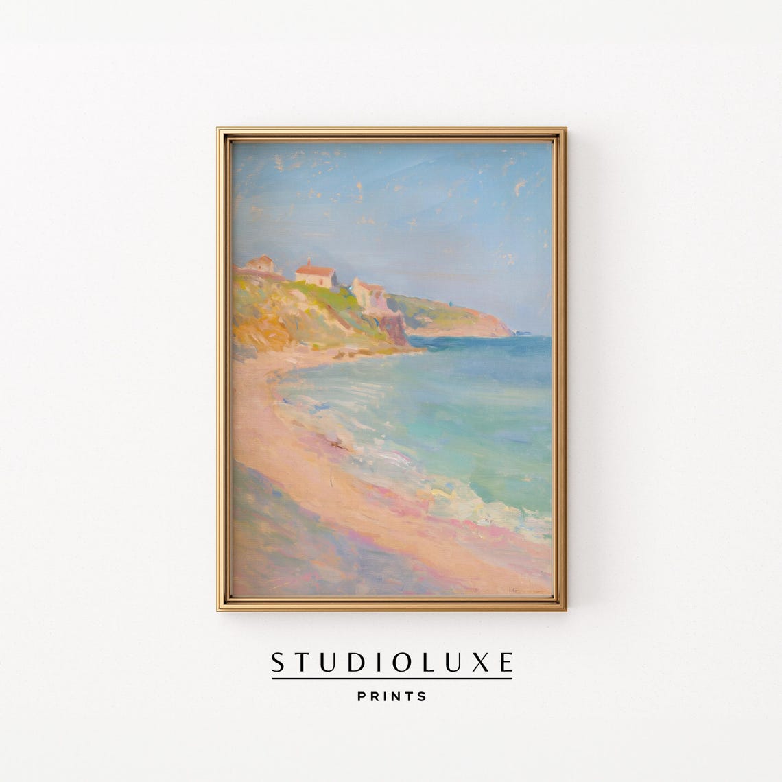 Soft Pastel Cove With Cliffs And Villas Seaside Painting Poster