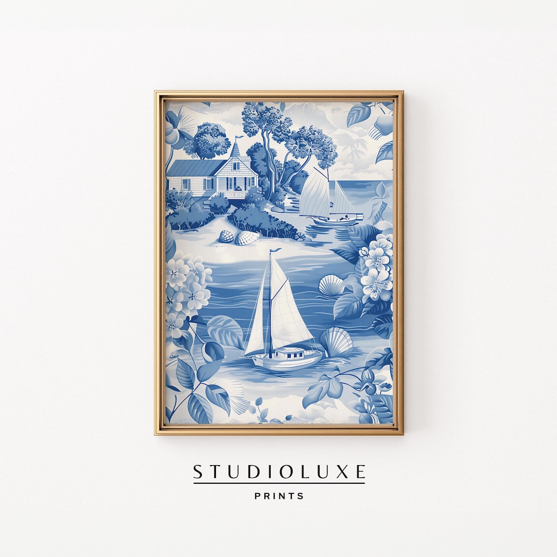 Blue White Toile Chinoiserie Tropical Sailboat Beach Scene Poster