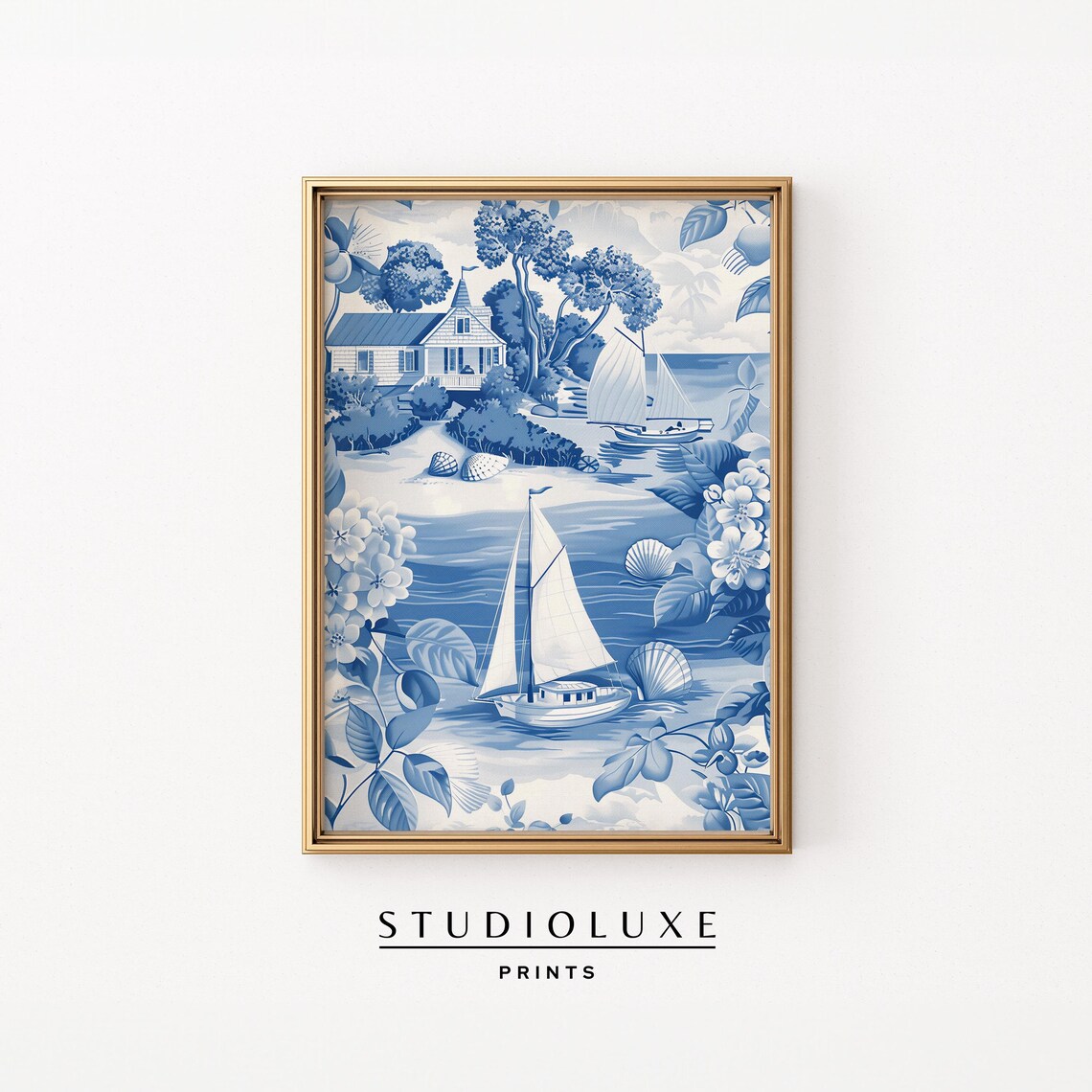 Vintage Toile Pattern Blue Wall Art Tropical Beachy Palm Orleans Print Chinoiserie