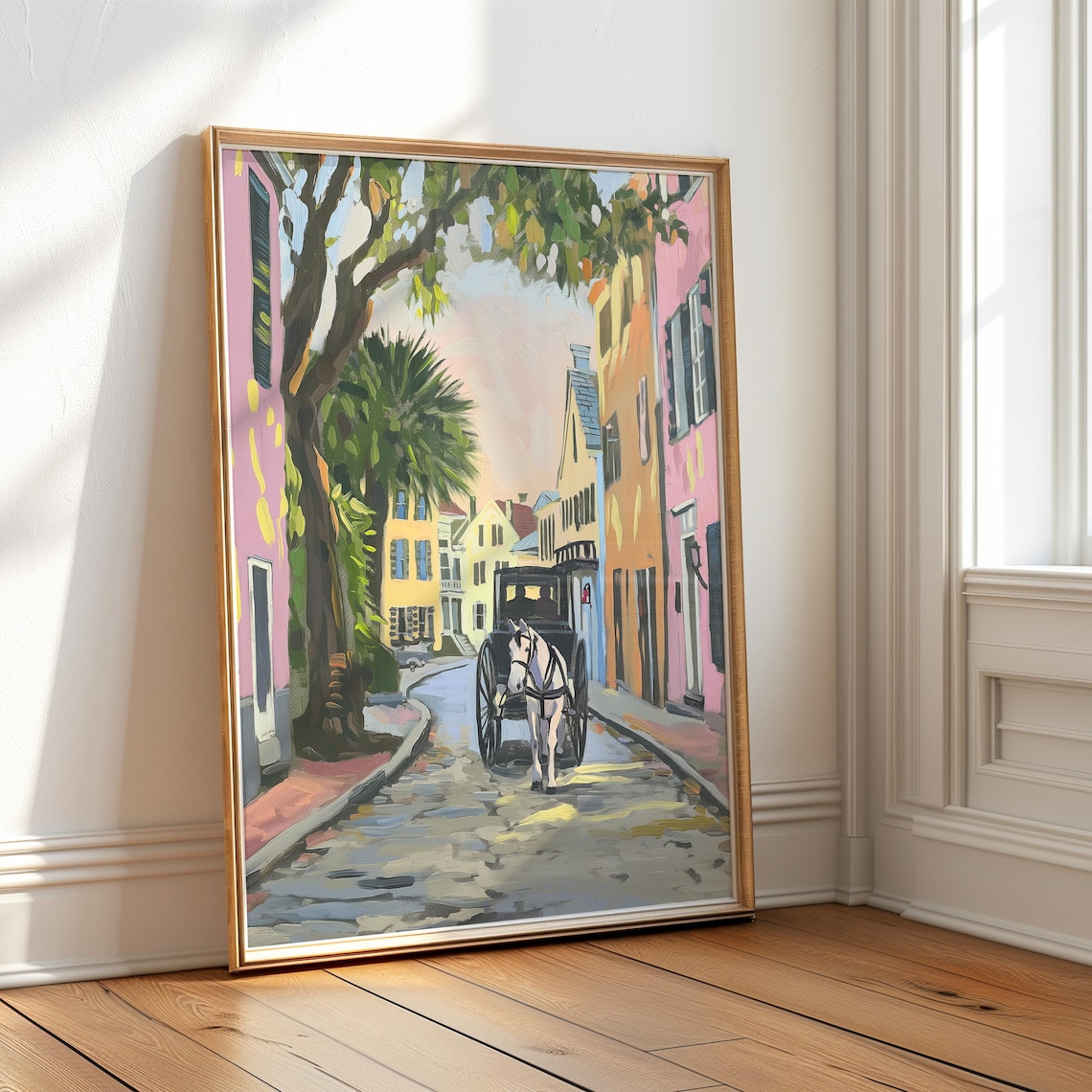 Horse Drawn Carriage on Cobblestone Street Pastel Houses Poster