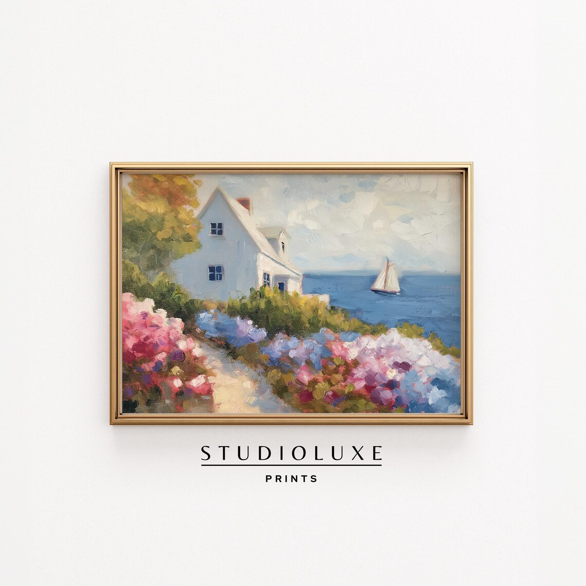 Coastal Cottage Garden Sailboat Impressionist Painting Poster
