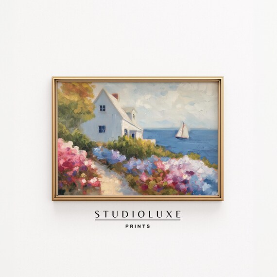 Coastal Cottage Garden Sailboat Impressionist Painting Poster