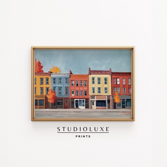 Colorful Downtown Row Houses Autumn Street Storefronts Poster