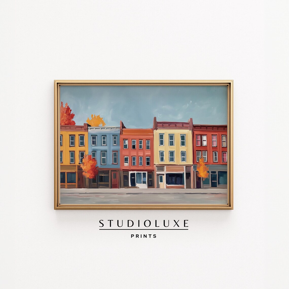 Colorful Downtown Row Houses Autumn Street Storefronts Poster
