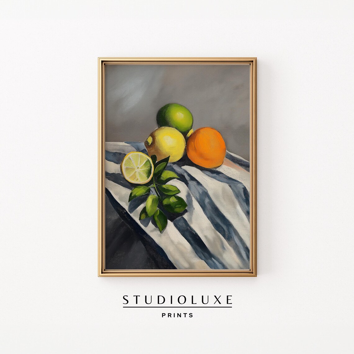 Moody Citrus Still Life Lemon Orange Striped Cloth Art Poster
