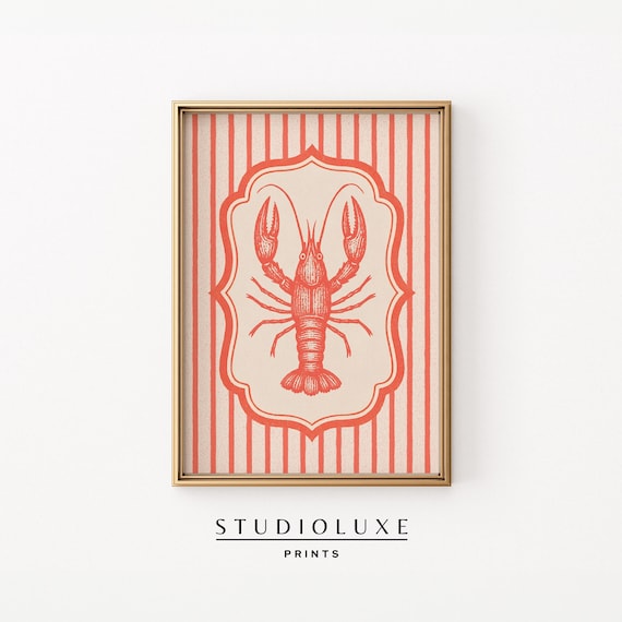 Vintage Crawfish Print Coastal Wall Art Seafood Kitchen Decor Red Strip Fish Trendy Apartment