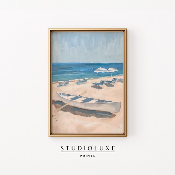 White Rowboat on Sand with Blue Striped Beach Chairs Summer Scene Poster