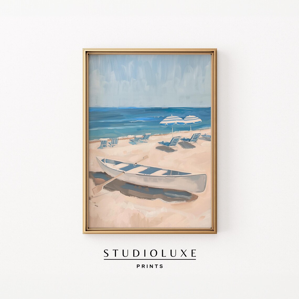 White Rowboat on Sand with Blue Striped Beach Chairs Summer Scene Poster