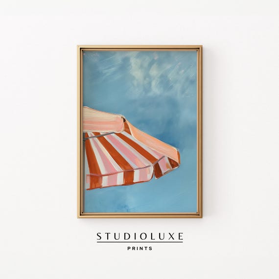 Retro Parasol Wall Art Pink And Orange Striped Beach Umbrella With Blue Sky Bold Summer Decor For Dopamine Style Interiors