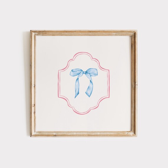Sweet Blue Bow in Pink Scalloped Frame Square Watercolor Poster