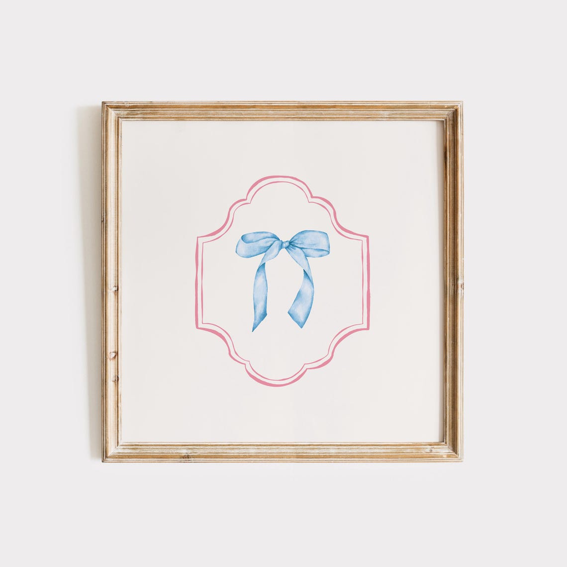 Sweet Blue Bow in Pink Scalloped Frame Square Watercolor Poster