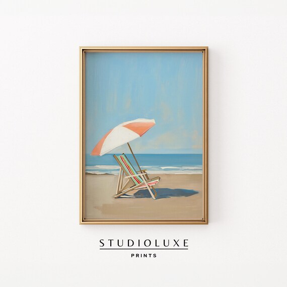 Minimalist Beach Umbrella Poster Red Parasol Chair Ocean Scene Art