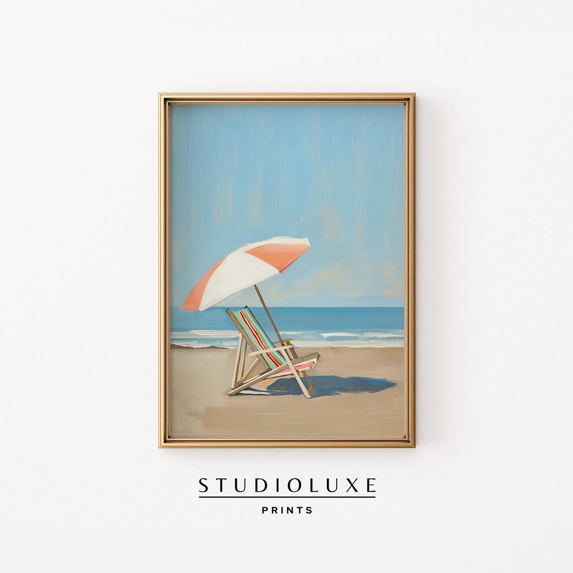 Minimalist Beach Umbrella Poster Red Parasol Chair Ocean Scene Art