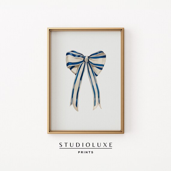 Blue Striped Ribbon Bow Watercolor Painting Coquette Nursery Poster