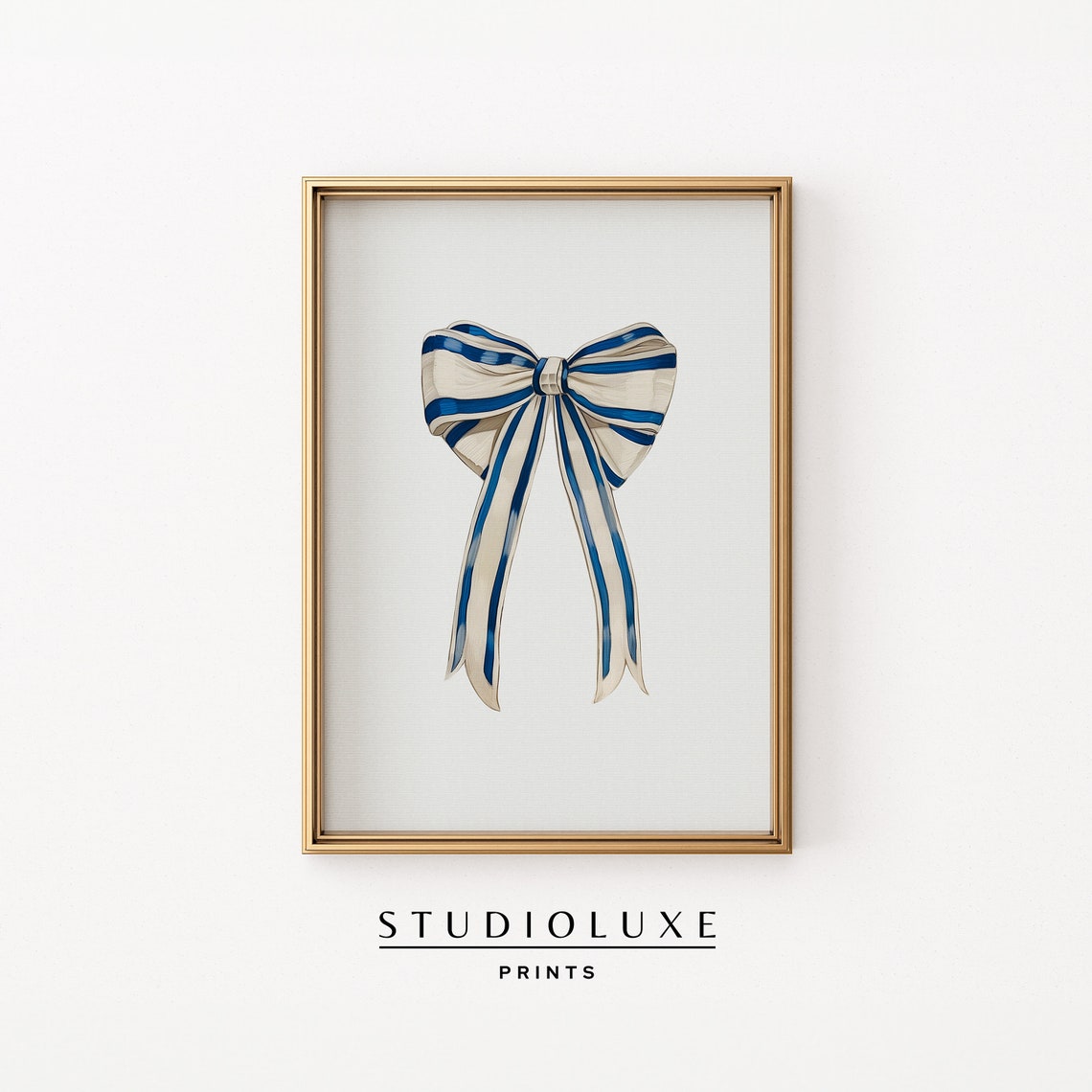Blue Striped Ribbon Bow Watercolor Painting Coquette Nursery Poster