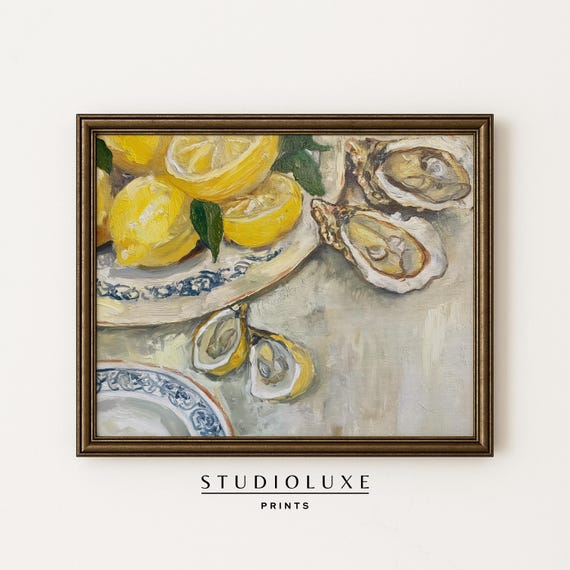 Lemon And Oyster Still Life Art French Kitchen Decor Coastal Dining Room Wall Vintage Plate Painting