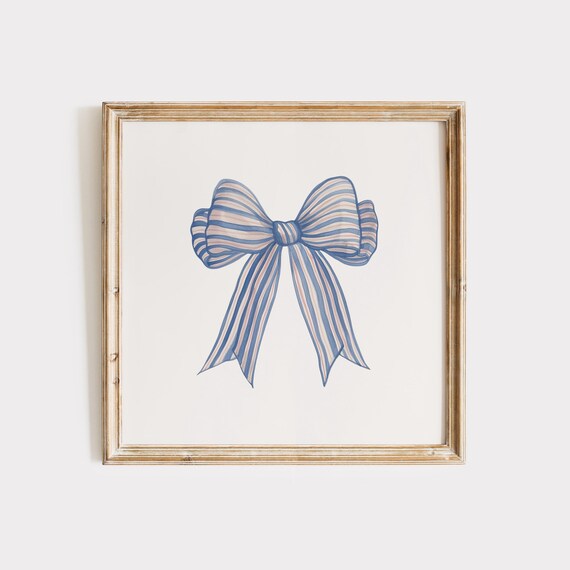Soft Blue and Cream Striped Watercolor Bow Ribbon Square Poster