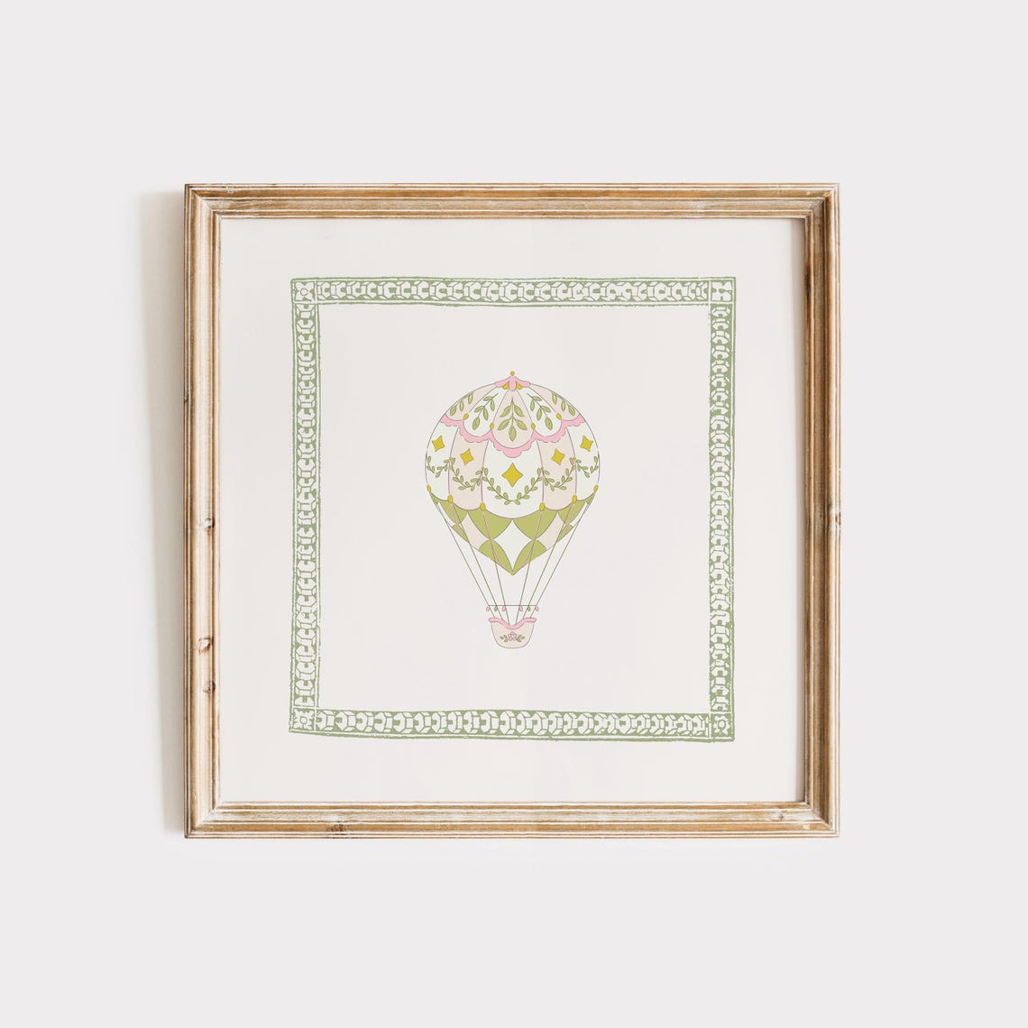 Vintage Hot Air Balloon with Blossoms in Sage Green Border Poster