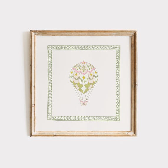 Hot Air Balloon Print Cute Nursery Decor Sage Green Wall Art Square Prints
