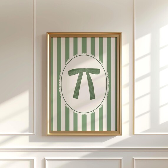 Green Bow Wall Art Coquette Stripe Print Preppy Pastel Home Decor Feminine Ribbon Poster Soft Girl