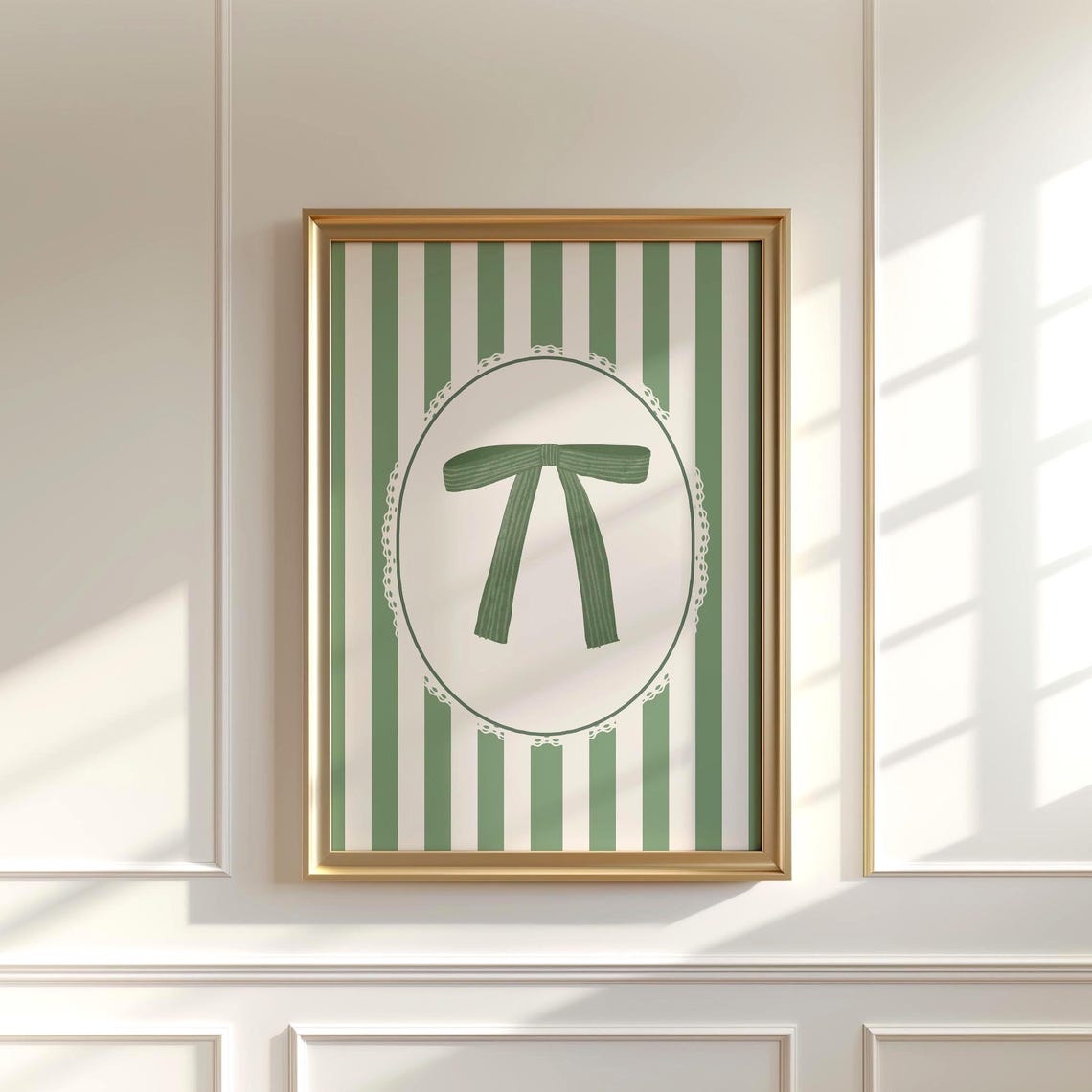Green Striped Watercolor Bow in Lace Oval Medallion Coquette Art Print