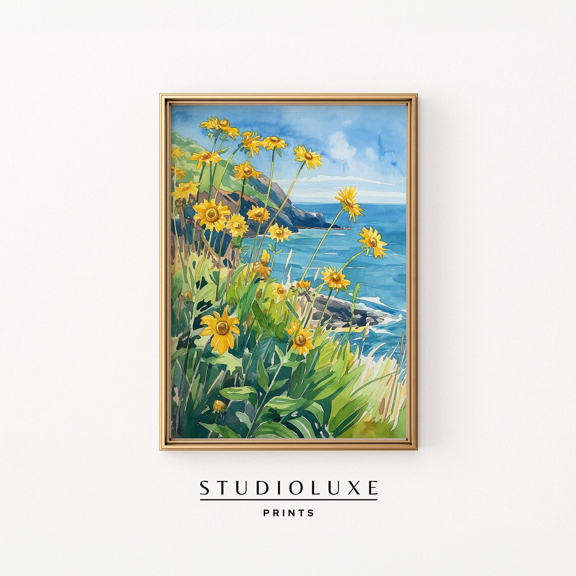 Yellow Wildflowers On Rocky Cliff Overlooking Blue Ocean Poster
