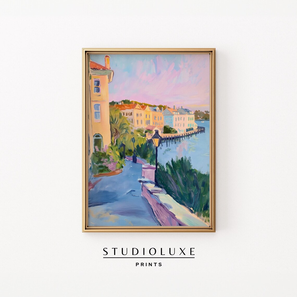 Charleston Waterfront Street at Sunset Pastel Travel Art Poster