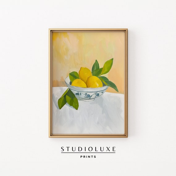 Lemon Bowl Painting Italy Cuisine Print Vintage Decor Maximalist Wall Art Trendy Kitchen Food Product