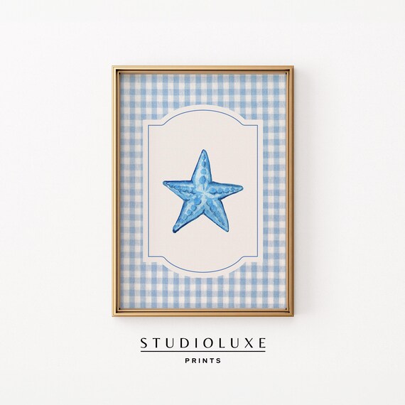 Gingham Starfish Print Coastal Wall Art Granddaughter Prints Kitchen Decor Trendy Apartment