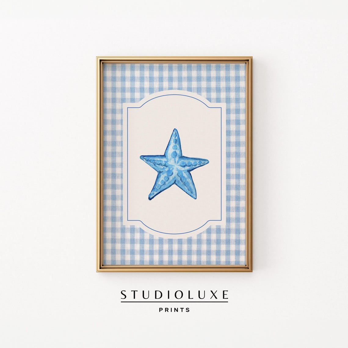Blue Starfish Watercolor On Blue Gingham Coastal Decor Poster