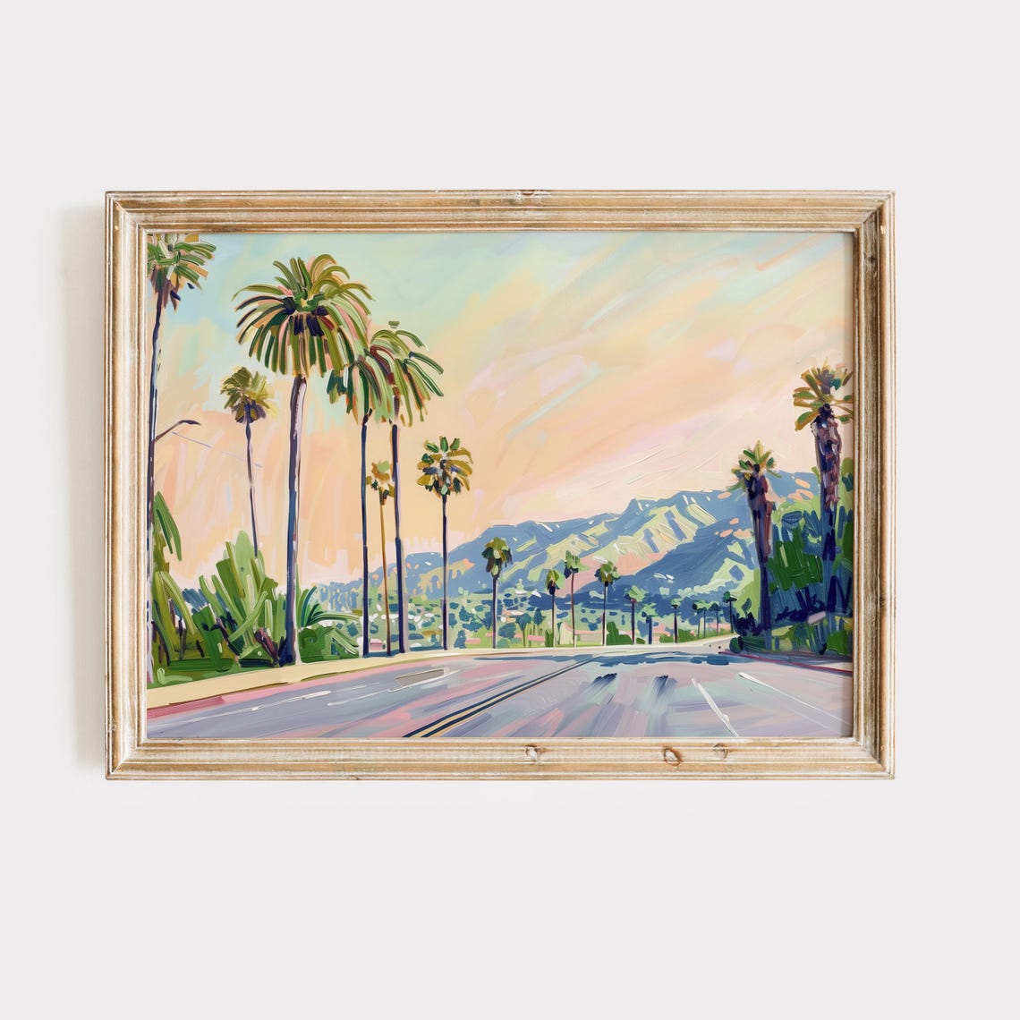 Palm Tree Lined Street At Sunset Mountains California Retro Art Poster