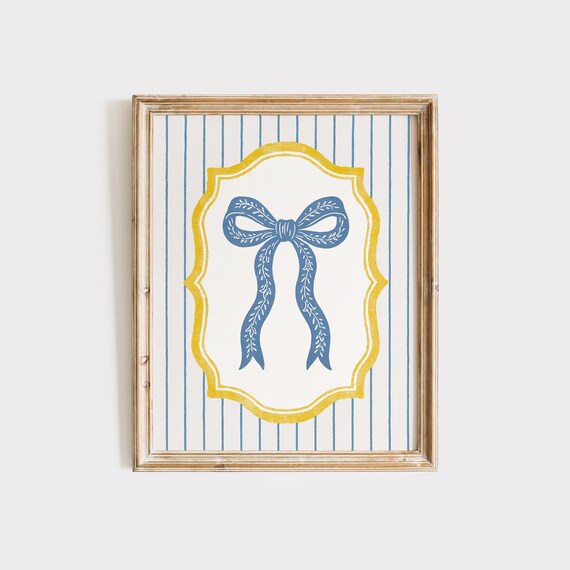 Blue Patterned Bow in Yellow Medallion Striped Coquette Wall Art