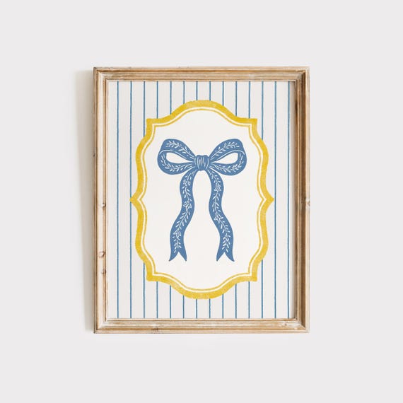 Western Blue Bow Print Coastal Grandmillennial Wall Art With Yellow Frame Preppy Striped Decor For Kitchen Nursery Or Gallery