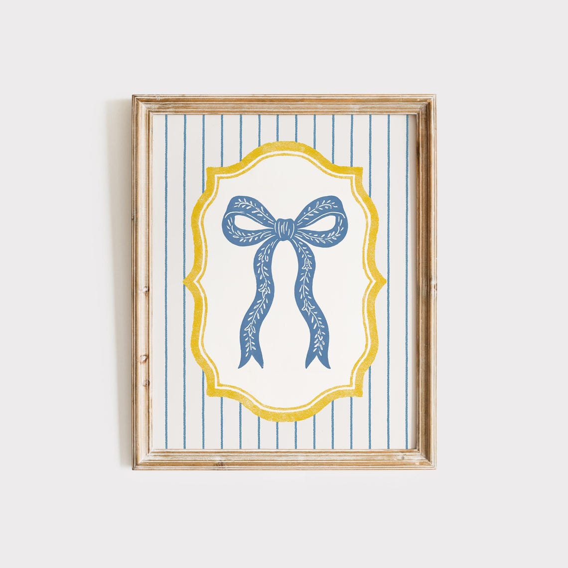 Western Blue Bow Print Coastal Grandmillennial Wall Art With Yellow Frame Preppy Striped Decor For Kitchen Nursery Or Gallery