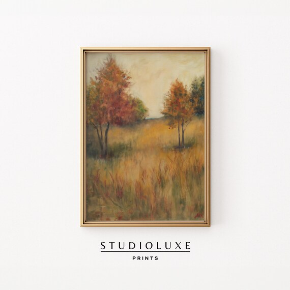Rustic Autumn Meadow Poster, Golden Grasses and Orange Trees Painting