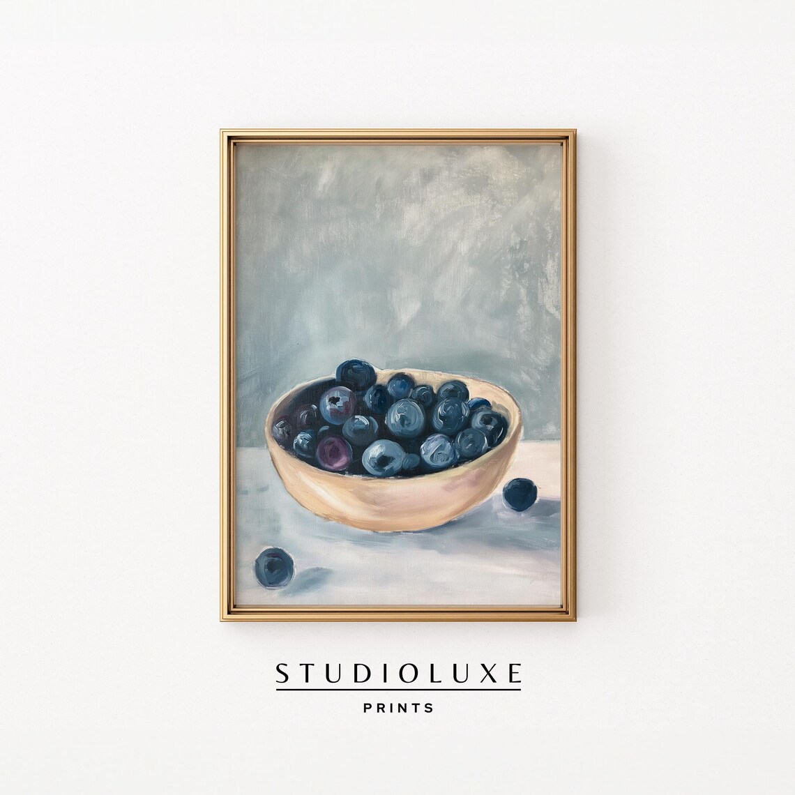 Wooden Bowl of Fresh Blueberries Still Life Oil Painting Art Print
