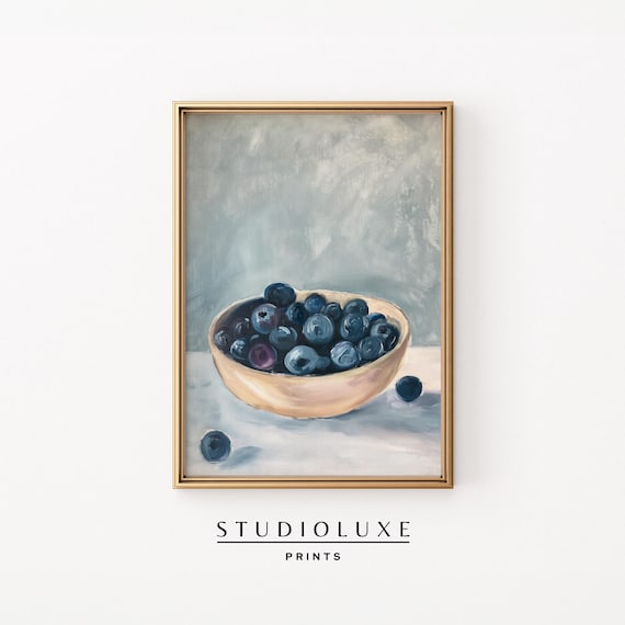 Wooden Bowl of Fresh Blueberries Still Life Oil Painting Art Print