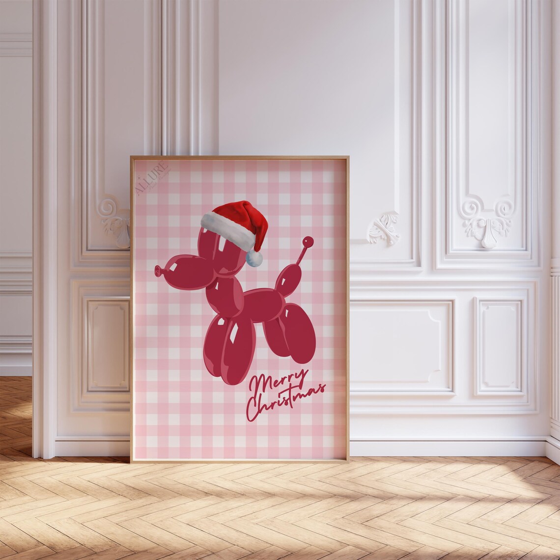 Merry Christmas Santa Balloon Dog Red on Pink Gingham Poster - Image 3