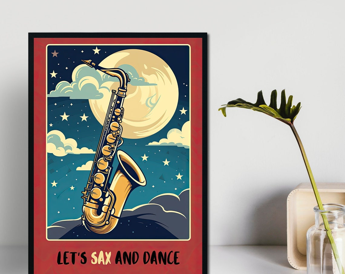 Let's Sax and Dance Saxophone Moon Retro Jazz Music Art Poster - Image 6