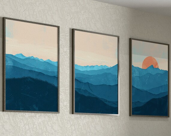 3 Piece Wall Art Blush Blue Prints Mountains Wall Art Girly Wall Art Triptych Wall Art Blue Mountain Poster Nature Prints Blue Panoramic