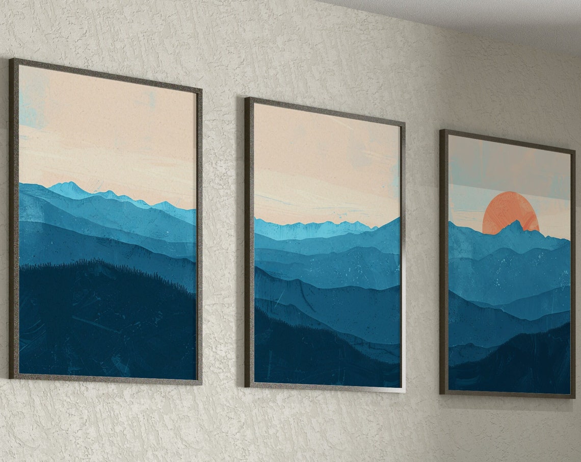 Blue Mountains Sunset Modern Three Piece Abstract Landscape Art Poster
