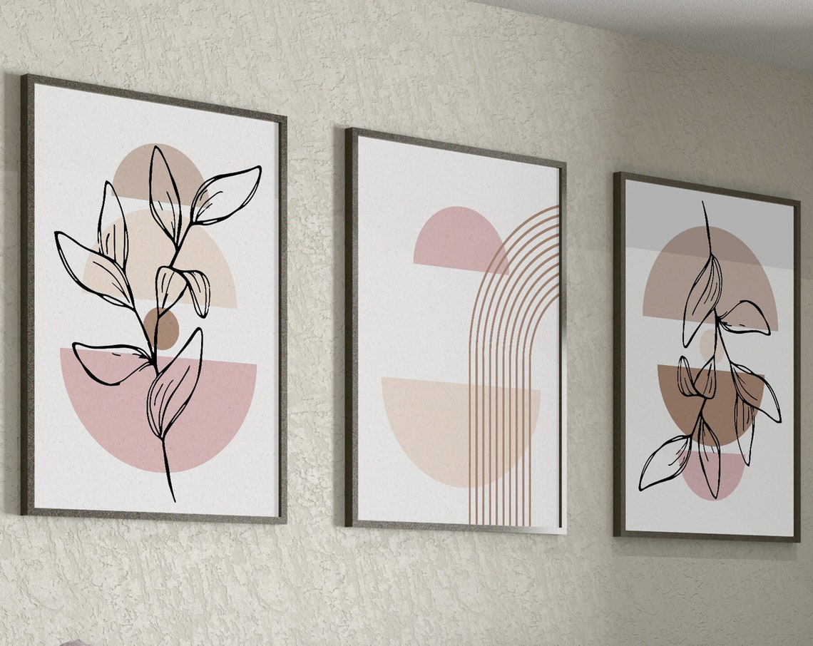 Boho Abstract Leaf Art Set of 3 Warm Neutral Botanical Wall Art