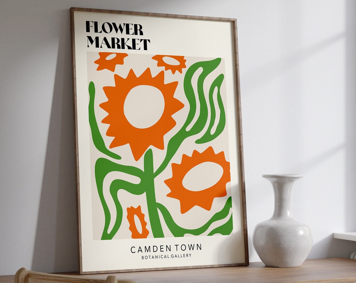 Flower Market Camden Town Poster Flower Market Poster Flower Market Wall Art Retro 70s Flower Market Yellow Flower Market Print F053
