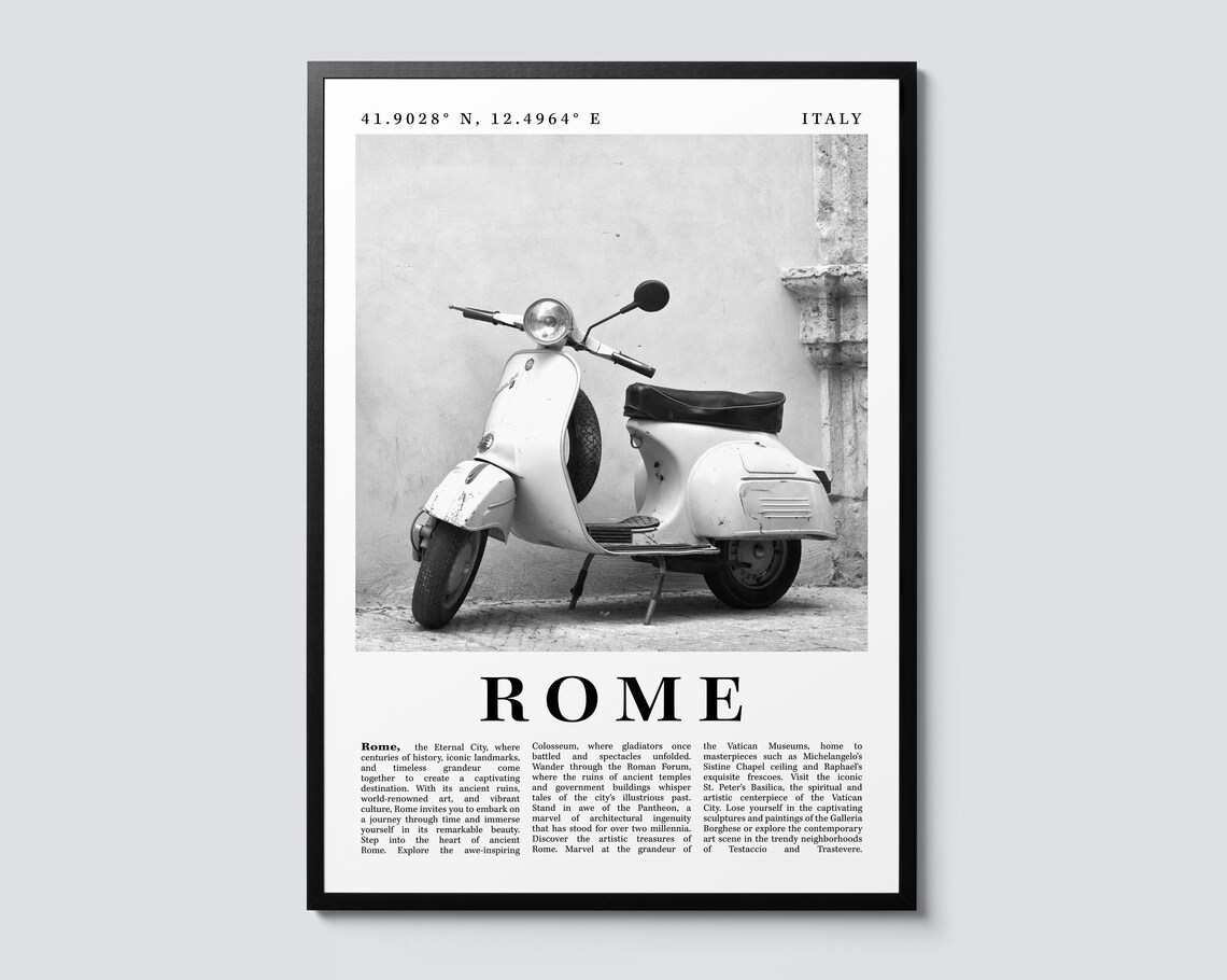 Rome Italy Vintage Scooter Black White Photo Coordinate Travel Poster