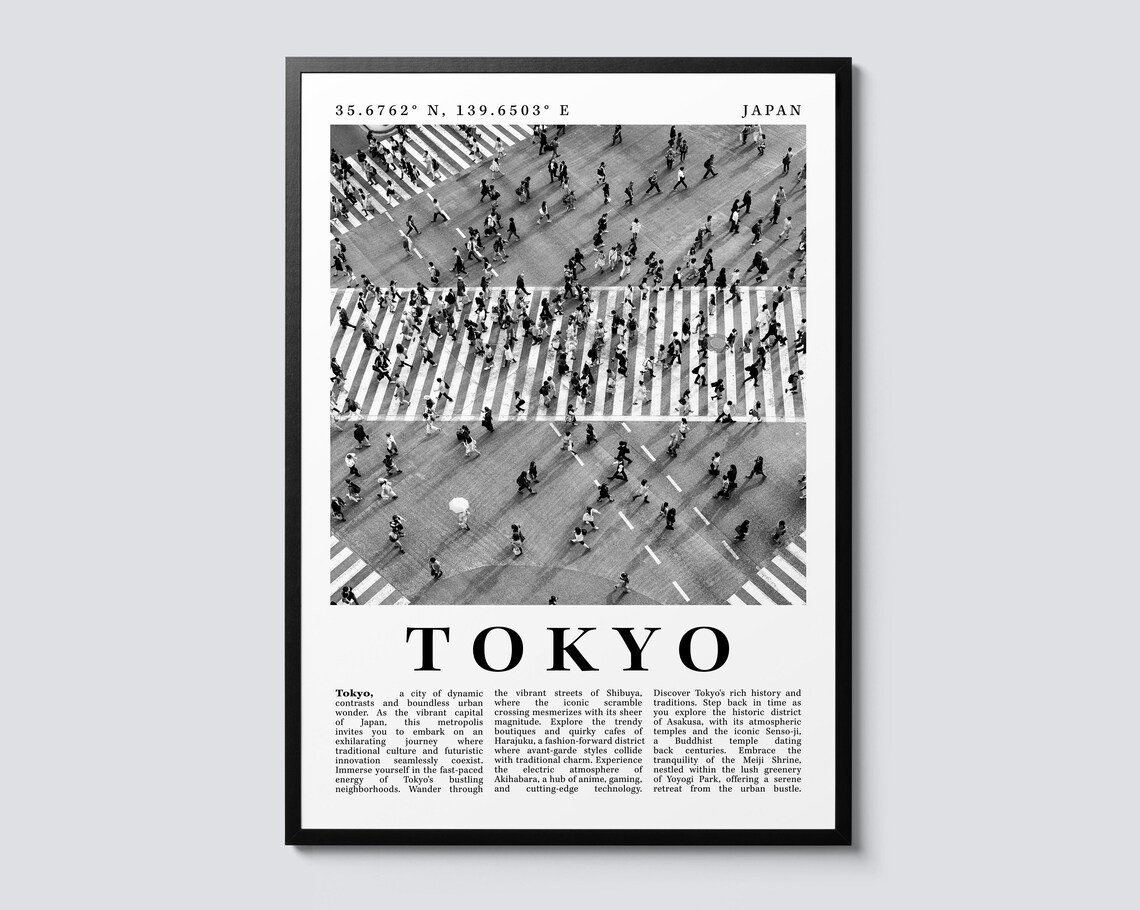 Tokyo Shibuya Crossing Black and White Aerial Photography Art Poster